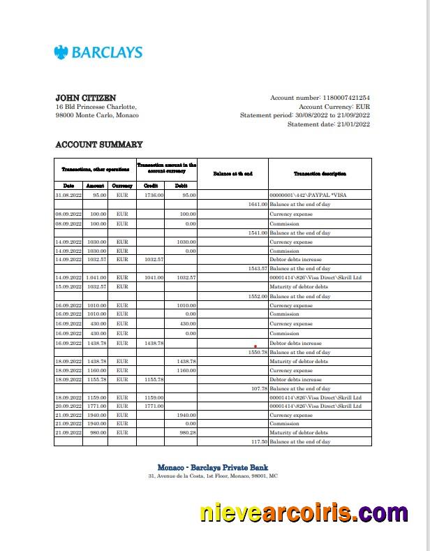 Monaco Barclays Private bank statement Excel and PDF